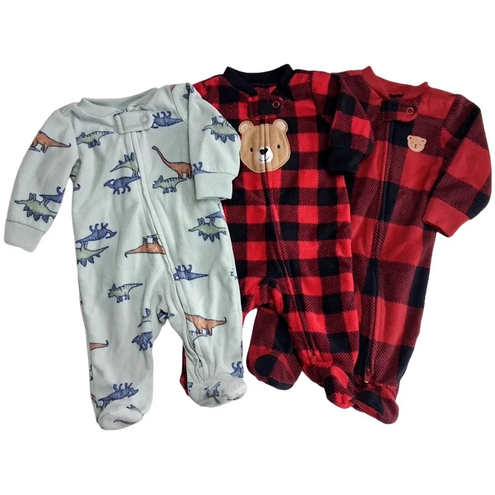 Carter's Fleece Baby Boy Newborn Footed Sleeper Lot 3pc Red Plaid Bear Dinosaur